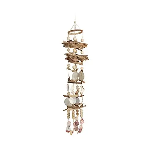 Produktbild: Relaxdays Windspiel mit Muscheln, maritimes Holz Klangspiel für Balkon, Garten-Deko, Capizmuschel Mobile, 107 cm, natur