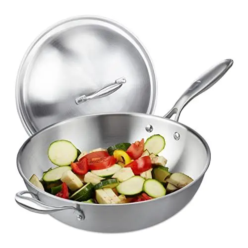 Produktbild: Relaxdays Wok, 32 cm, Edelstahl unbeschichtet, Gas-, Elektro-, Induktionsherd, Wokpfanne mit Deckel & Griff, silber 10038407, 23 x 60 x 32 cm