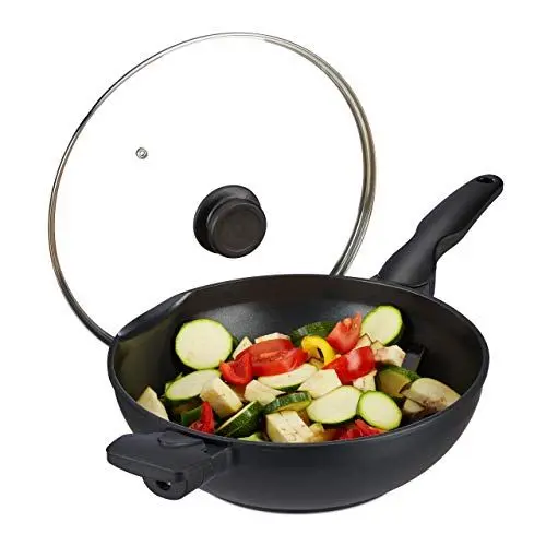 Produktbild: Relaxdays Wok Pfanne mit Glasdeckel 30 cm, Griffe, Antihaftbeschichtung, für Induktion, Gas-, Elektroherd, 4 l, schwarz