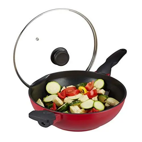 Produktbild: Relaxdays Wokpfanne mit Glasdeckel, 30 cm, Wok mit Antihaftbeschichtung, Gas- & Elektroherd, Griff, 4 Liter, rot/schwarz