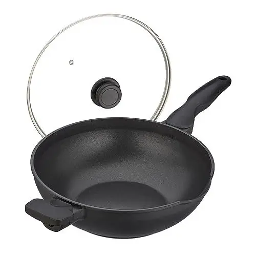 Produktbild: Relaxdays Wokpfanne mit Glasdeckel, Ø 30 cm, Aluminium, antihaftbeschichtet, Gas-, Elektroherd, Wok mit Griffen, schwarz