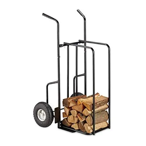 Produktbild: Relaxdays XL Kaminholzwagen Metall, Brennholzkarre mit 2 großen Rädern, bis 200 kg, Transport & Aufbewahrung, schwarz