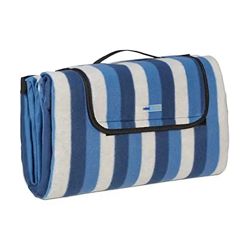 Produktbild: Relaxdays XXL Picknickdecke, 200 x 200 cm, Fleece Stranddecke, wärmeisoliert, wasserdicht, mit Tragegriff, blau/weiß