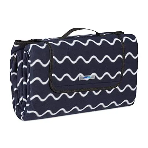 Produktbild: Relaxdays XXL Picknickdecke, 200x200 cm, Fleece Stranddecke, wärmeisoliert, wasserdicht, mit Tragegriff, dunkelblau/weiß