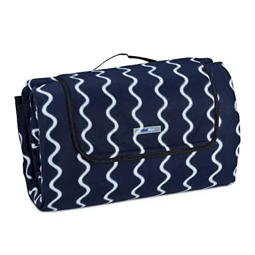 Produktbild: Relaxdays XXL Picknickdecke, 200x300 cm, Fleece Stranddecke, wärmeisoliert, wasserdicht, mit Tragegriff, dunkelblau/weiß