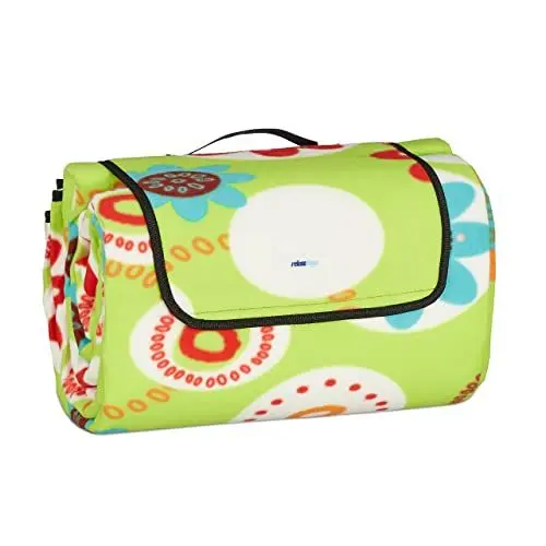 Produktbild: Relaxdays XXL Picknickdecke, 200x300 cm, isoliert, wasserdicht, Blumen, Fleece Stranddecke, weich, mit Tragegriff, bunt