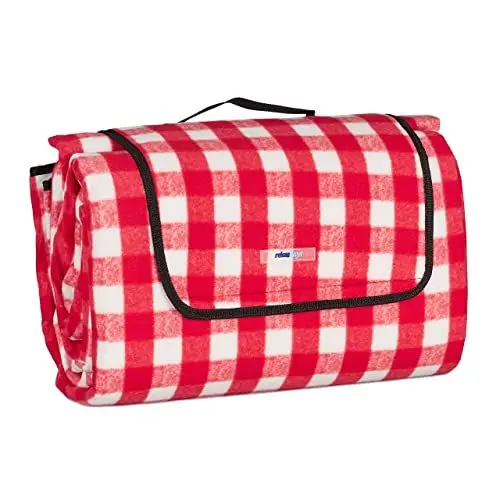 Produktbild: Relaxdays XXL Picknickdecke, 200x300 cm, isoliert, wasserdicht, Karierte Fleece Stranddecke, mit Tragegriff, rot/weiß