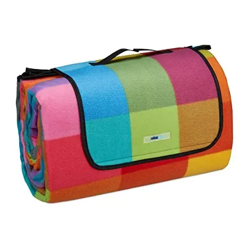 Produktbild: Relaxdays XXL Picknickdecke, 200x300 cm, isoliert, wasserdicht, Karierte Fleece Stranddecke, weich, Tragegriff, bunt