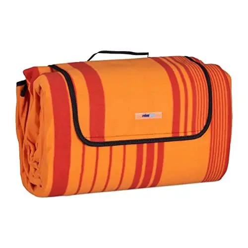 Produktbild: Relaxdays XXL Picknickdecke, 200x300 cm, isoliert, wasserdicht, gestreifte Fleece Stranddecke, Tragegriff, orange/rot