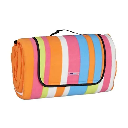 Produktbild: Relaxdays XXL Picknickdecke, 200x300 cm, isoliert, wasserdicht, gestreifte Fleece Stranddecke, weich, Tragegriff, bunt, Schaumstoff, 0,2 x 200 x 300 cm
