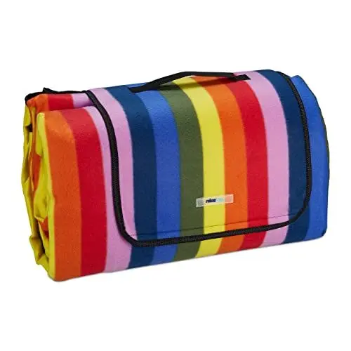 Produktbild: Relaxdays XXL Picknickdecke, 300x200cm, isoliert, wasserdicht, Fleece Stranddecke, gestreift, Isodecke, Tragegriff, bunt