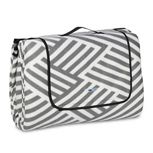 Produktbild: Relaxdays XXL Picknickdecke, 300x300 cm, isoliert, wasserdicht, Fleece Stranddecke, Tragegriff, Zickzack, weiß/grau