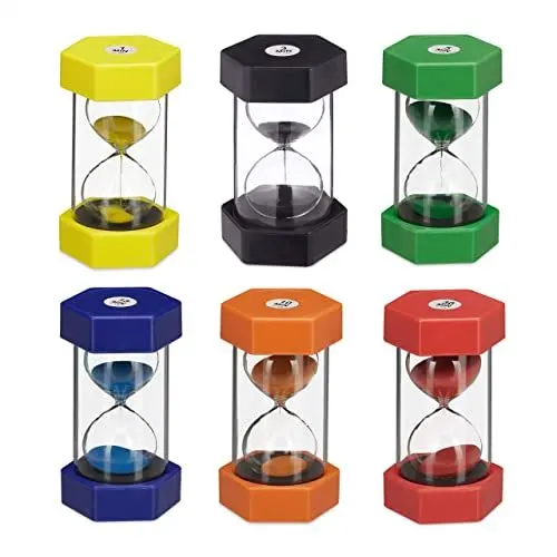 Produktbild: Relaxdays XXL Sanduhren Set, Zahnputzuhren für Kinder, bruchsicher, 1, 3, 5, 10, 15 & 30 min, Stundenglas Schule, bunt