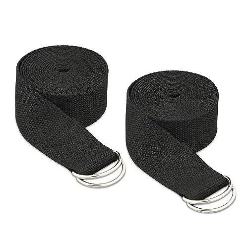 Produktbild: Relaxdays Yogagurt 2er Set, Dehnungshilfe, 250 x 3,8 cm, Yogaband für Anfänger und Fortgeschrittene, Baumwolle, schwarz