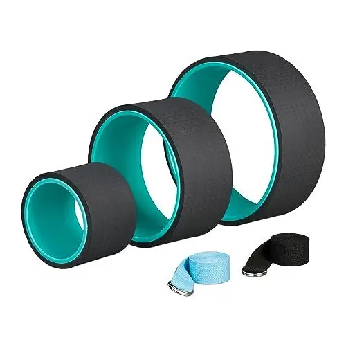 Produktbild: Relaxdays Yogarad 3er Set, Ø: 33, 26,5, 17 cm, mit 2 Yogagurten, Yogaringe für Stretching, Kunststoff, türkis/schwarz