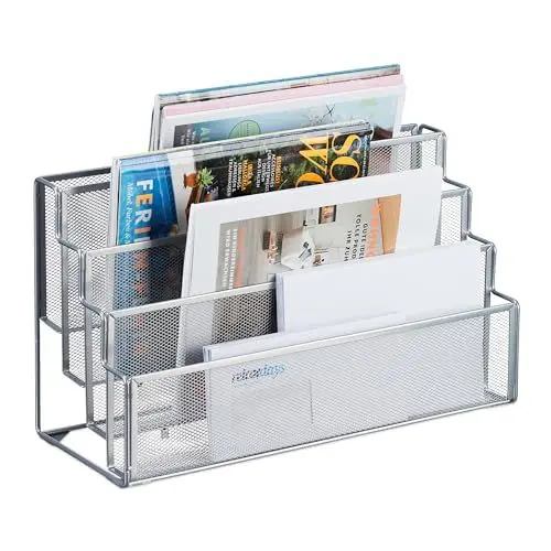 Produktbild: Relaxdays Zeitschriftenhalter Metall, 4 Fächer, Dokumentenablage Büro, HBT: 26x45x18 cm, Magazinhalter, Briefe, Silber