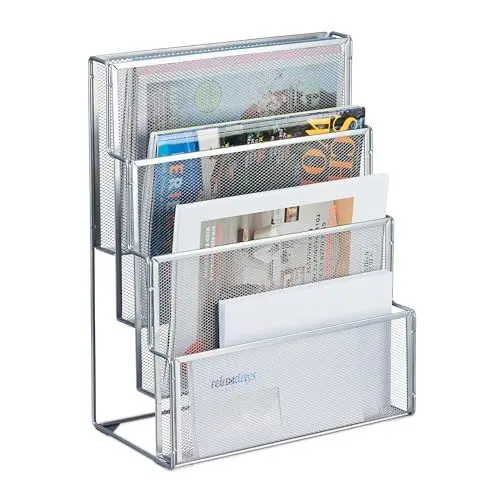 Produktbild: Relaxdays Zeitschriftenhalter Metall, 4 Fächer, Dokumentenablage Büro, HBT: 43x33x18 cm, Magazinhalter, Briefe, Silber, 100% Stahl