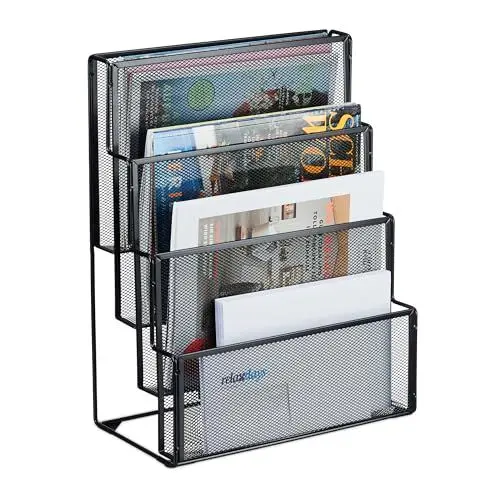 Produktbild: Relaxdays Zeitschriftenhalter Metall, 4 Fächer, Dokumentenablage Büro, HBT: 43x33x18 cm, Magazinhalter, Briefe, schwarz