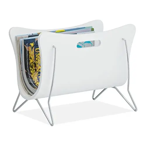 Produktbild: Relaxdays Zeitungsständer, Magazine & Zeitungen, Diele & Büro, freistehend, Tragegriffe, Metallbeine, Holz & MDF, weiß, 1 Stück