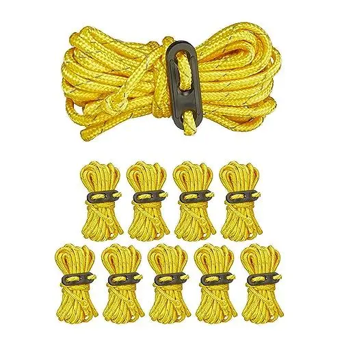 Produktbild: Relaxdays Zeltabspannleinen, 10er Set, reflektierend, je 3,8 m lang, fürs Camping, Abspannseile mit Seilspannern, gelb