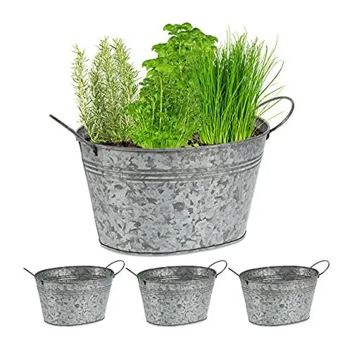 Produktbild: Relaxdays Zinkwanne 4er Set, verzinkte Blechwanne für Garten, ovale Kübel, Dekowannen, HxBxT: 15,5x29x17,5cm, Silber