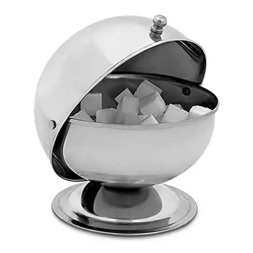 Produktbild: Relaxdays Zuckerdose SWEETY aus Edelstahl 14 x 13 x 13 cm HxBxT, Zuckerkugel mit Rolldeckel, runde Bonbon-Dose, silber
