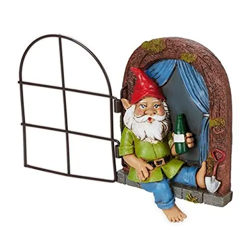 Produktbild: Relaxdays Zwerg mit Fenster, wetterfeste Gartendeko, Baumzwerg zum Aufhängen, HxBxT 14,5 x 10,5 x 4 cm, Kunststein, bunt
