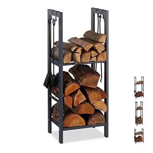 Produktbild: Relaxdays, anthrazit Kaminholzregal mit 2 Ablagen, aus Stahl, 4 Haken für Kaminbesteck, Brennholzregal HBT 100x40x30 cm, 100 x 40 x 30 cm