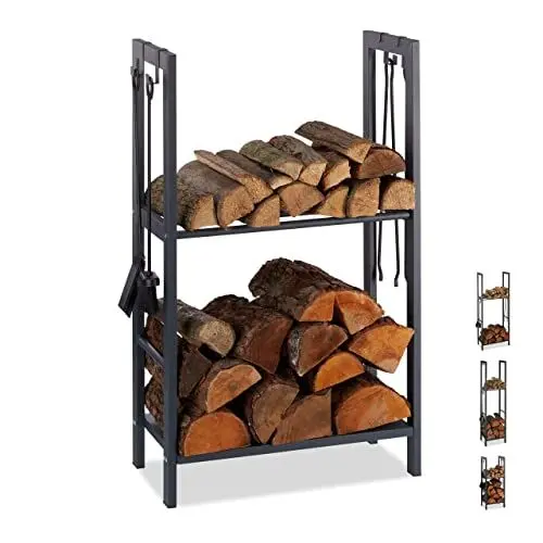 Produktbild: Relaxdays, anthrazit Kaminholzregal mit 2 Ablagen, aus Stahl, 4 Haken für Kaminbesteck, Brennholzregal HBT 100x60x30 cm, 100 x 60 x 30 cm