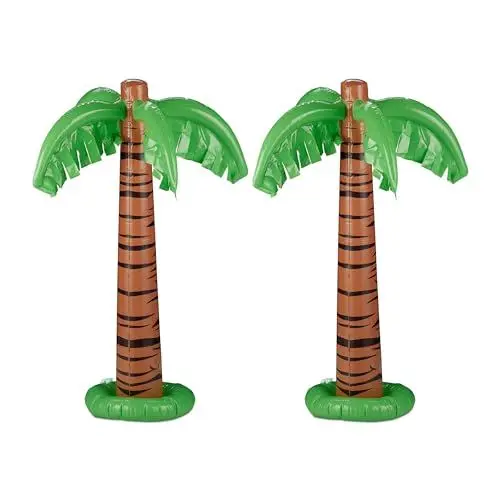 Produktbild: Relaxdays aufblasbare Palme, 2er Set, Partydeko, Pool & Strand, Hawaiipalme groß, 80 cm hoch, Plastikpalme, grün-braun