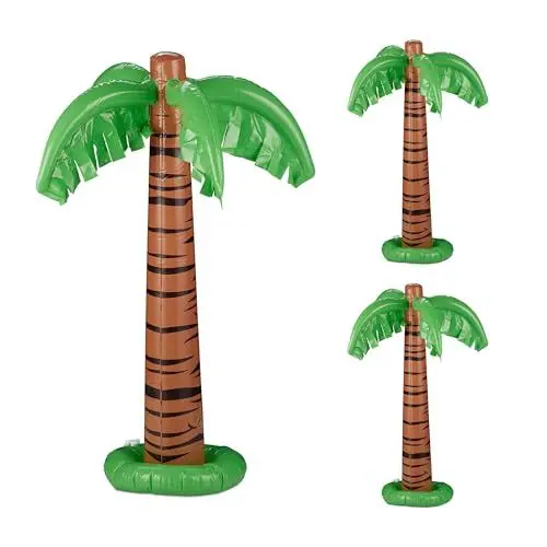 Produktbild: Relaxdays aufblasbare Palme, 3er Set, Partydeko, Pool & Strand, Hawaiipalme groß, 80 cm hoch, Plastikpalme, grün-braun