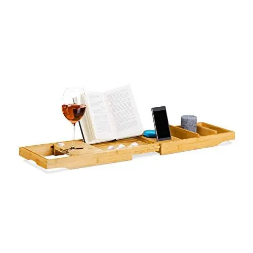 Produktbild: Relaxdays ausziehbare Badewannenablage, Bambus Wannenbrücke mit Buchstütze, Badewannenbrett mit Weinglas-Halter, natur