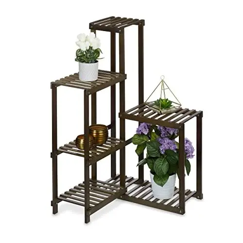 Produktbild: Relaxdays Pflanzenregal Bambus, 6 Ablagen, Pflanzen Eckregal für innen, HBT: 101x62x62 cm, Blumenregal Wohnzimmer, braun