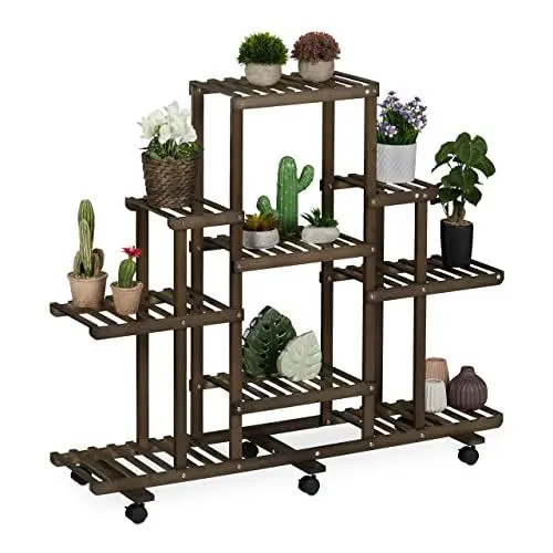 Produktbild: Relaxdays, braun Pflanzenregal Bambus, 9 Ablagen, Blumenständer mit Rollen, HxBxT 103 x 120 x 35,5 cm, Blumenregal innen