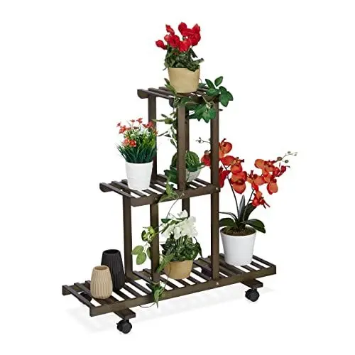 Produktbild: Relaxdays Pflanzenregal, Blumenständer mit 3 Ablagen, Bambus, HxBxT 82 x 81 x 36 cm, rollbar, Blumenregal innen, braun
