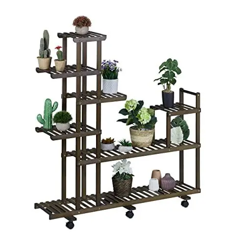 Produktbild: Relaxdays, braun Pflanzenregal, Blumenständer mit 7 Ablagen, Bambus, HxBxT 127 x 120 x 36 cm, rollbar, Blumenregal innen