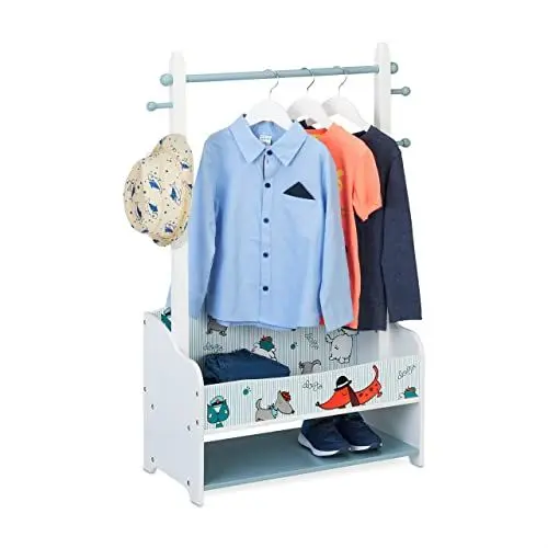 Produktbild: Relaxdays, bunt Kleiderständer Kinder, HBT: 101x71x30 cm, 4 Haken, 2 Ablagen, Garderobe, Kleiderstange für Kinderzimmer, Holz, 101 x 71 x 30 cm