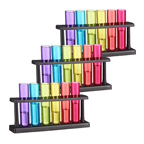 Produktbild: Relaxdays, bunt Reagenzgläser Shotgläser, 6 witzige Schnapsgläser mit Ständer, 4 cl, Test Tubes für Shots, Kunststoff, 6-teiliges Set