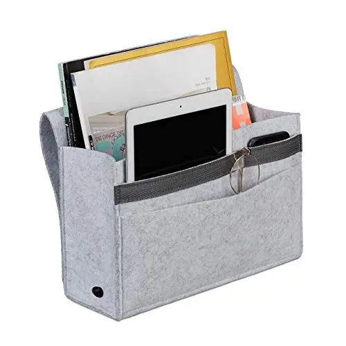 Produktbild: Relaxdays elaxdays Betttasche, zum Einhängen, 6 Fächer, 4 Klettverschlüsse, Filz, Bett Organizer HBT 27x31,5x11,5 cm, hellgrau, 27 x 31,5 x 11,5 cm
