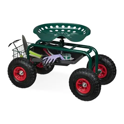 Produktbild: Relaxdays fahrbarer Gartensitz, höhenverstellbar, 150 kg, Stauraum, Rollsitz für Gartenarbeit, Stahl, Luftreifen, grün