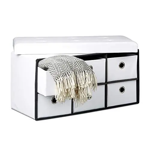 Produktbild: Relaxdays faltbare Sitzbank mit Stauraum in 6 entnehmbaren Fächern HBT: 38 x 76 x 38 cm Sitztruhe aus Kunstleder zum Falten mit Aufbewahrung Ottomane mit entnehmbaren Körben Sitzhocker, weiß
