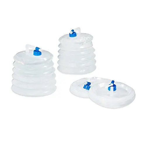 Produktbild: Relaxdays faltbarer Wasserkanister, 4er Set, 10 l, Faltkanister mit Zapfhahn & Tragegriff, BPA-frei, transparent/blau