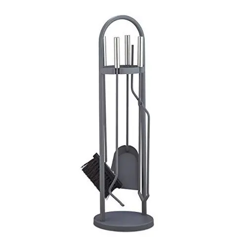 Produktbild: Relaxdays Kaminbesteck modern, 5 teilige Kamingarnitur, Schaufel, Besen, Zange, Schürhaken & Halter, Ofenbesteck, grau