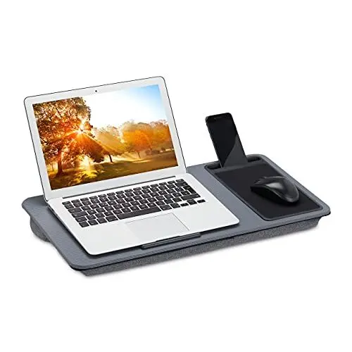 Produktbild: Relaxdays Laptopkissen mit Mauspad, BxT: 57,5 x 30 cm, Antirutsch-Streifen, Tragegriff, Kissentablett Bett & Sofa, grau