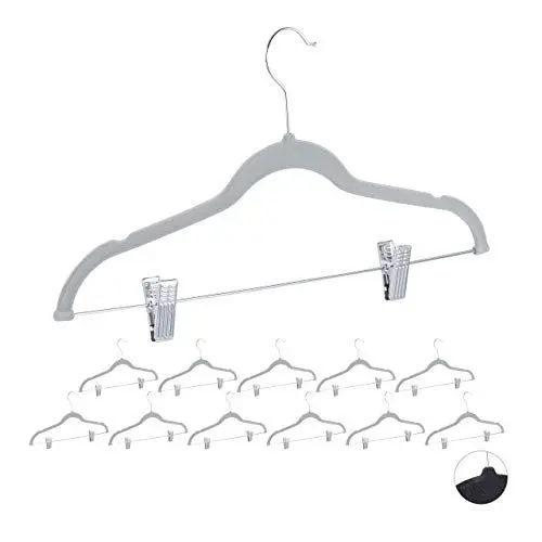 Produktbild: Relaxdays, grau Samtbügel mit Clips 12er Set, 360° drehbarer Haken, Hosenbügel, rutschfeste Hemdenbügel, 43 cm breit, 10024379_111