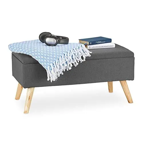 Produktbild: Relaxdays, grau Sitzbank mit Stauraum, gepolstert, Holzbeine, Truhenbank Stoffbezug, H x B x T: 39,5 x 79,5 x 39,5 cm