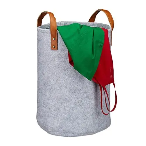 Produktbild: Relaxdays, grau Wäschekorb, Filz, Tragegriffe aus PU-Leder, 28 l Aufbewahrungskorb Kinderzimmer, Bad, HxD 45 x 30 cm, 45 x 30 x 30 cm