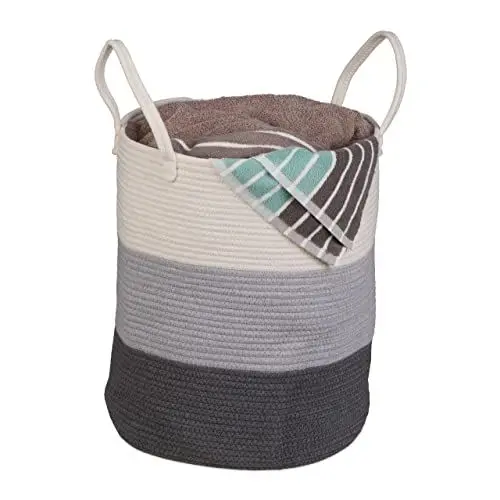 Produktbild: Relaxdays, grau-weiß Aufbewahrungskorb aus Baumwolle, Wäschekorb Boho, faltbar, mit Griffen, Baumwollkorb, HxD 46x41 cm, 46 x 41 x 41 cm