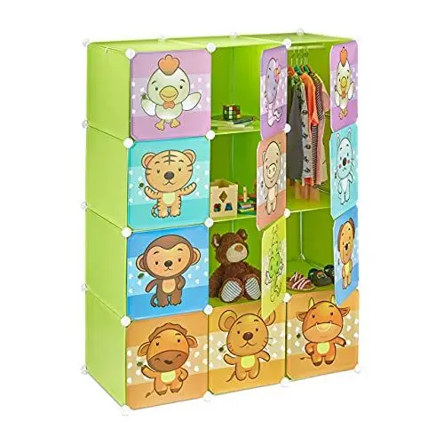 Produktbild: Relaxdays, grün Steckregal Kinderzimmer, süße Tiermotive, Türen, Kleiderstangen, Kunststoff Kleiderschrank HxB 145x110cm
