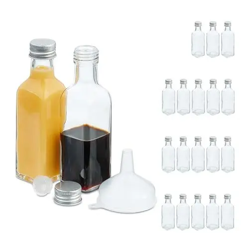 Produktbild: Relaxdays kleine Flaschen, 20er Set, 100 ml, Glasflaschen zum Befüllen, Schraubverschluss & Korken, transparent/silber